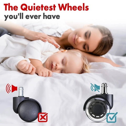Sleeping baby and woman with Soft Chair Wheels Replacement Set Of 5 For Hardwood, Vinyl And Tile Floors Dual 2 Inch Casters