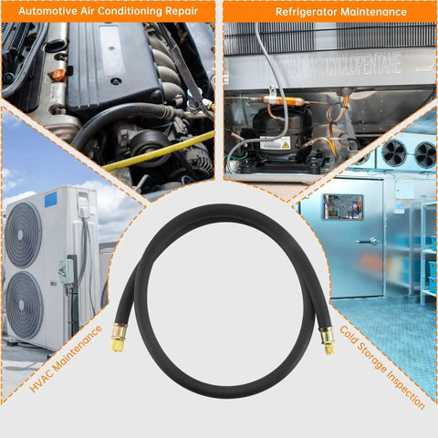 Heavy Duty Half Inch HVAC Vacuum Hose, 6 Ft Long, Fast Evacuation And Recovery, High Pressure Rated, Black Charge Hose, shown coiled.