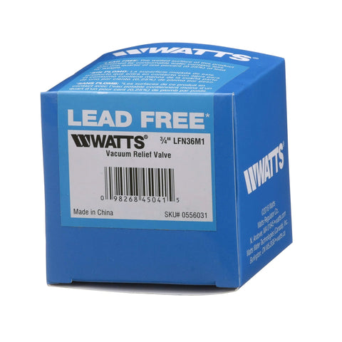 Watts LFN36M1 lead-free vacuum relief valve packaging box, blue with barcode label