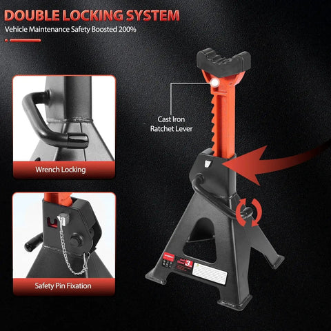 Close-up of 3 Ton Heavy Duty Car Jack Stands With Double Locking Adjustable 11.22-16.54 in, showing safety features and ratchet lever.