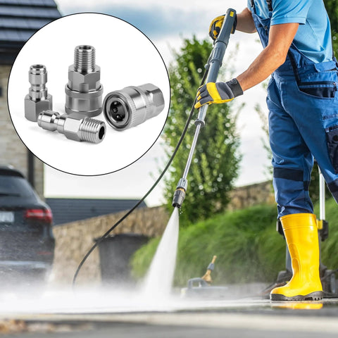 Workhorse One Quarter Inch NPT Quick Connect Fittings Kit For Pressure Washers Stainless Steel Ball Lock Adapters, male and female connectors with person power washing driveway