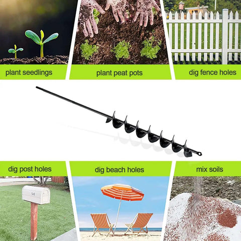 32 Inch Long Handle Garden Auger Drill Bit For Planting Workhorse with images of planting uses and applications