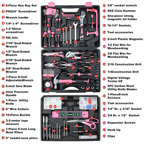 All In One 412 Piece Home And Auto Tool Set With Drawer Organizer And Case For Women And Men Great For Home Repairs DIY Projects And Handyman Tasks Everyday shown in detailed open pink case with tools labeled and organized.