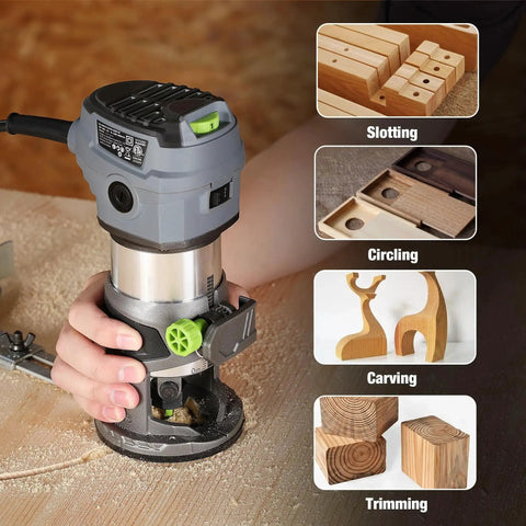 Compact Router Kit With 6.5 Amp Corded Hand Trimmer For Woodworking, Six Variable Speeds From 12,000 To 30,000 RPM in use