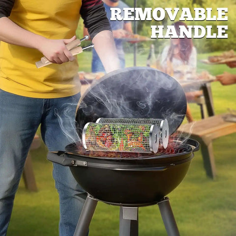 Rollin Grill Basket With Removable Beech Wood Handle And 304 Stainless Steel Build for outdoor cooking, shown on bbq grill