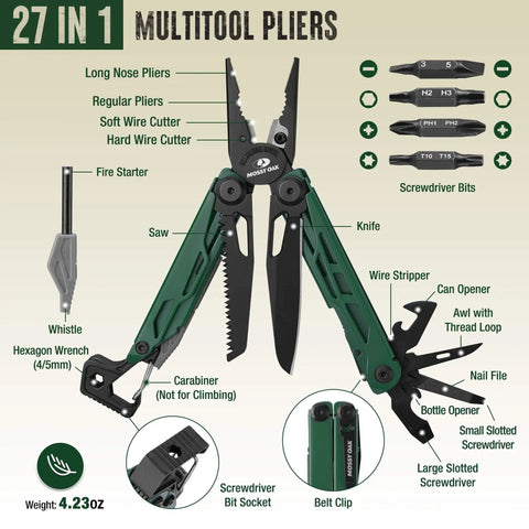 CNC Machined Multitool Pliers 27 In 1 EDC Tool with knife, fire starter, whistle, bottle opener, and screwdriver, shown with tools extended.