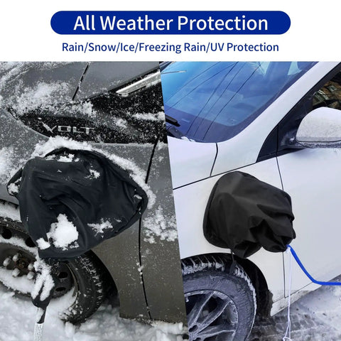 All Weather EV Charger Port Cover For Outdoor Charge With Magnetic Attachment, waterproof shield on electric vehicle in snow.