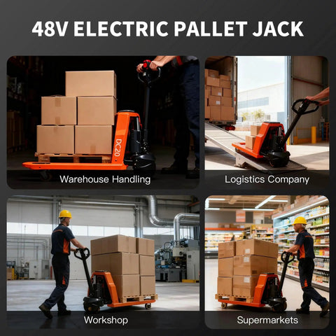 Front-side view of orange 48V electric pallet jack lifting a pallet with 48 x 27 in forks in a warehouse.

Side view of orange 48V electric pallet jack loading a pallet into a truck; 48 x 27 in forks.

Worker pushes orange 48V electric pallet jack with pallet on forks through a workshop; 48 x 27 in forks.

Pallet jack with stacked boxes in a supermarket aisle; orange 48V electric pallet jack.