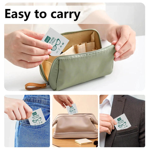 Person placing Anti Fog Lens Wipes For Glasses Goggles And Screens Pre Moistened 100 Count into small green pouch.