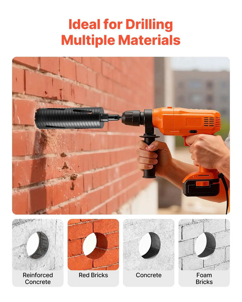 Heavy Duty Pro Grade Diamond Dry Core Drill Bit Set With 3 Inch Core Diameter 9-1/2 Inch Drilling Depth 5/8-11 Internal Thread in use on red brick
