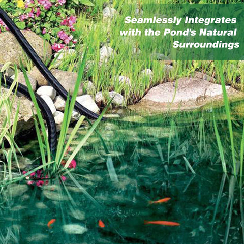 LONGRUNNEW 1-inch ID corrugated pond hose, black PVC, laid along a garden pond edge with koi fish.