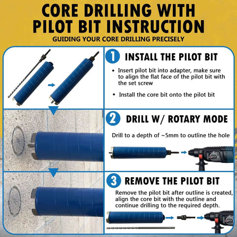 Installation instructions for Heavy Duty Workhorse 3 Inch Diamond Dry Core Bit For Brick And Block With SDS Plus Pilot Bit Adapter