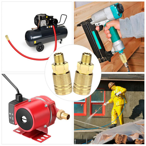 Two-pack brass 1/4 in NPT M-style quick-connect air hose fittings; high-flow connectors for air compressors and tools.