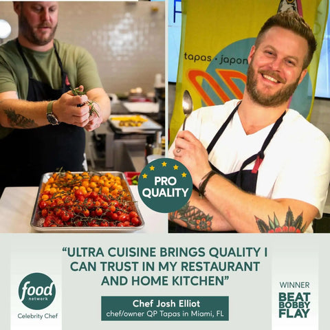 Chef Josh Elliot with vegetables on a quarter sheet pan, highlighting Ultra Cuisine's quality for restaurants and home kitchens.