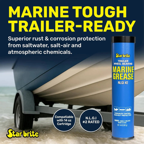 Marine Grade Wheel Bearing Grease For Boat Trailers And Marine Gear, 14 Oz Cartridge shown with trailer on beach