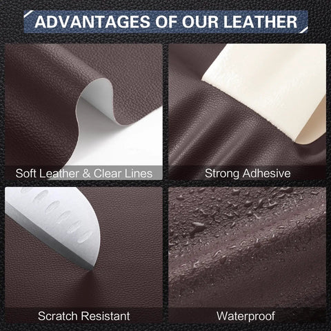 Leather Repair Kit For Furniture And Auto Seats 4 By 63 Inch Self Adhesive Leather Tape Patch For Sofa Couch Car Boat Chair Dark Brown Waterproof Durable Vinyl Patch Kit For Home Car Boat showcasing advantages like soft leather, strong adhesive, scratch resistance, and waterproof features.