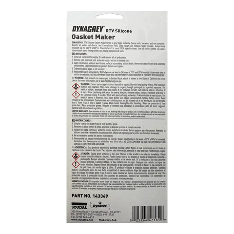 Back view of Dynatex Dynagrey RTV Silicone Gasket Maker 85g Tube Low Odor O2 Sensor Safe Non-Corrosive Sealant Designed For OEM Spec And Gearhead Approved High Torque Engines Made In USA packaging