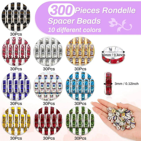 Image of a 300 Pieces Rhinestone Spacer Beads Set in 10 colors showing 10mm crystal bead spacers for jewelry projects.