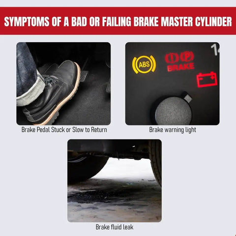 Symptoms of a bad or failing brake master cylinder, including brake pedal issues, warning light, and fluid leak.