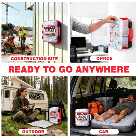 All Purpose 400 Piece First Aid Kit With Dual Layer Wall Mount Organizer shown in construction, office, outdoor, and car use