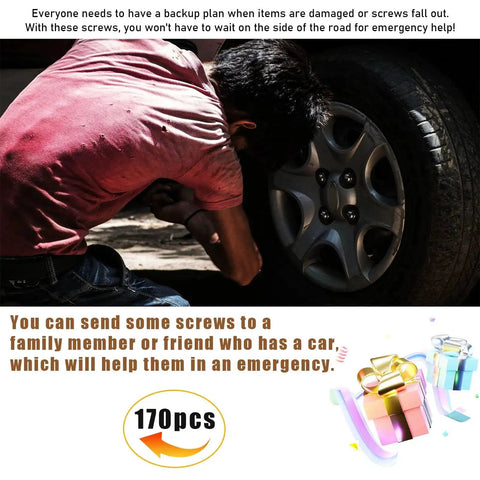 Person fixing car tire next to 170 Piece Car U Clip And Screw Assortment Kit With 9 Sizes Metal Body Panel Clips U Nut Fasteners