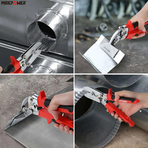 Two Piece Sheet Metal Hand Seamers With Five Blade Pipe Crimper And Three Inch Offset Jaw Bender in use on ductwork and metal.