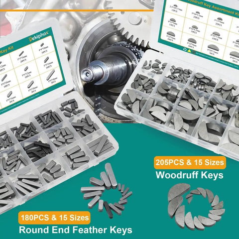 Pro Grade Metal Woodruff Key Assortment Kit With 385 Pieces Including 205 Half Moon Keys And 180 Round Ended Feather Keys
