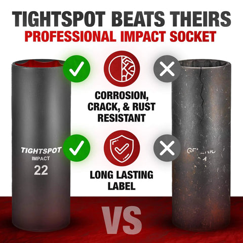 Comparison of Tightspot 22 mm impact socket and generic socket showing corrosion resistance and durability features.
