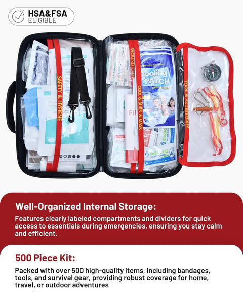 500 Piece First Aid Kit for Home, Car, Travel, Camping and Office, Waterproof Emergency Supplies open with labeled compartments
