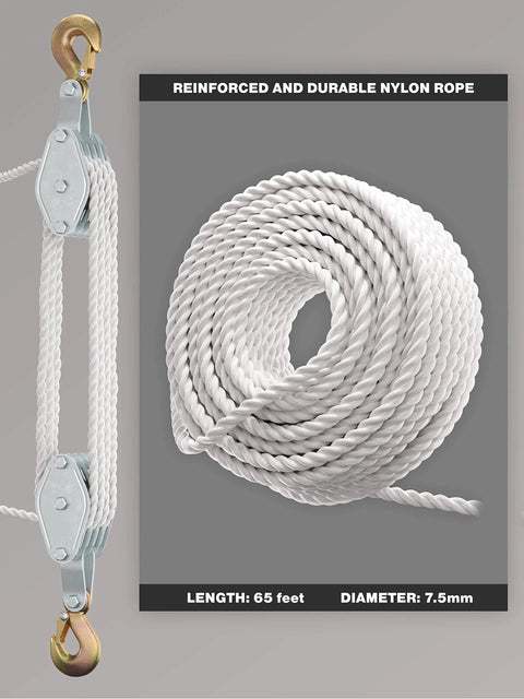 Heavy Duty Block And Tackle Pulley System For Lifting Heavy Objects With 4000 lb Breaking Strength And 65 Feet Of Three Eighths Inch Rope