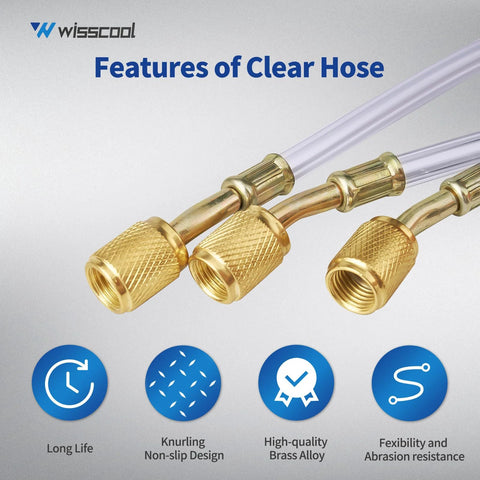 Wisscool 1/4 inch refrigerant charging hoses, 60 inches clear tubing with brass flare fittings, set of 3