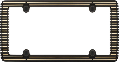 Front view of Billet License Plate Frame In Flat Black And Matte Gold With Zinc Die Cast Construction And Rubberized Coating Includes Fastener Caps.
