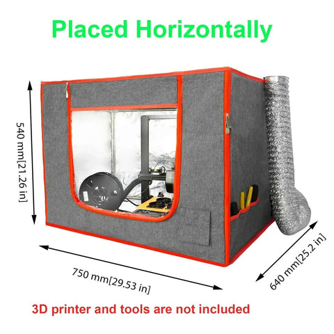 Dual Placement Resin 3D Printer Enclosure Tent with Adjustable Ventilation, shown horizontally with dimensions and exhaust fan kit.