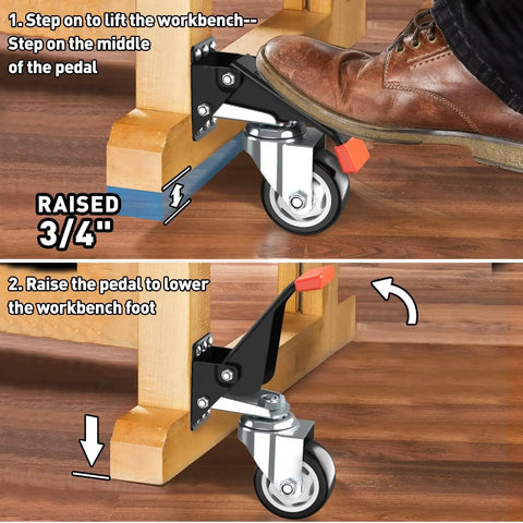Foot operating 4 Pack 3 Inch Heavy Duty Retractable Workbench Casters Kit for workbenches with orange cushion and pro-grade wheels.