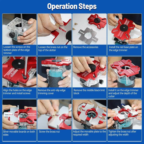 Operation steps for using the 2-In-1 Aluminum Slotting Locator For Woodworking, showing setup and adjustment procedures.