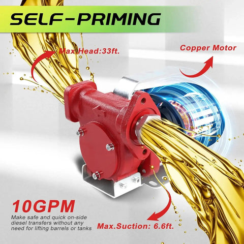 Heavy Duty Portable 110V Fuel Transfer Pump With Manual Nozzle For Gas Diesel Kerosene Biodiesel And More Self Priming 10 GPM Oil Transfer Pump showing oil flow and copper motor