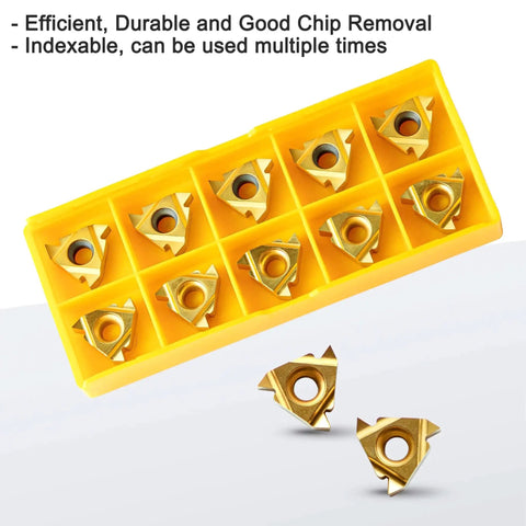 Ten indexable carbide inserts for Metal Lathe Pro Grade Cutting Tool Set, shown in yellow packaging.