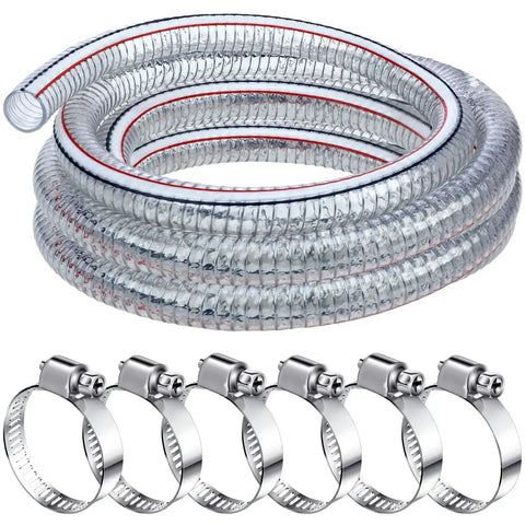 Heavy Duty Steel Wire Flexible PVC Vacuum Hose 1 Inch Inner Diameter 10 Ft With Fasteners Reinforced Clear Tubing For Pond Marine