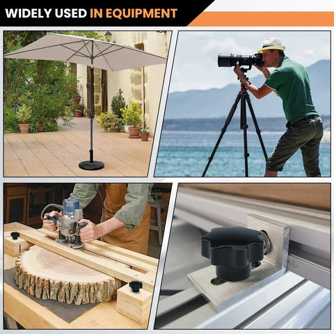 Various uses of 4 Pack M8 Knurled Thread Clamping Knobs With Brass Inserts in workshop, outdoor, and photography settings.