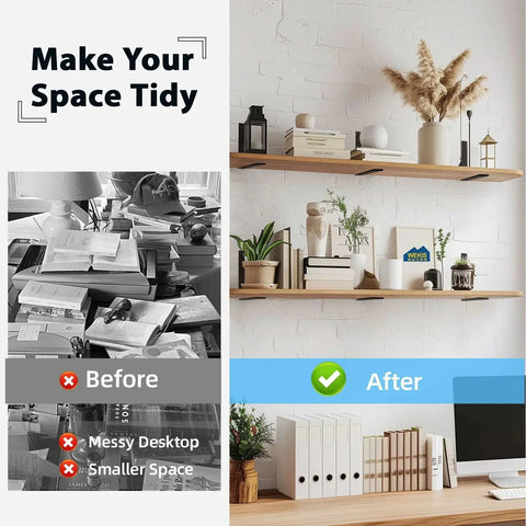 Before and after of a tidy room with shelves installed using 6 Pack Heavy Duty 12 Inch Black L Shelf Brackets for Floating Shelves.