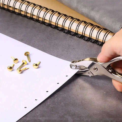 300 Pieces Three Quarters Inch Paper Fasteners Small Round Metal Brads With Hole Punch Included For Scrapbooking Crafts And DIY Gold Tone Rustproof Brass Plated Finish.
