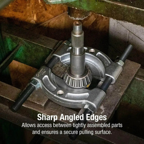 Bearing Splitter Kit For Gear And Bearing Removal, Half Inch To Nine Inch, Alloy Steel with angled edges in use.