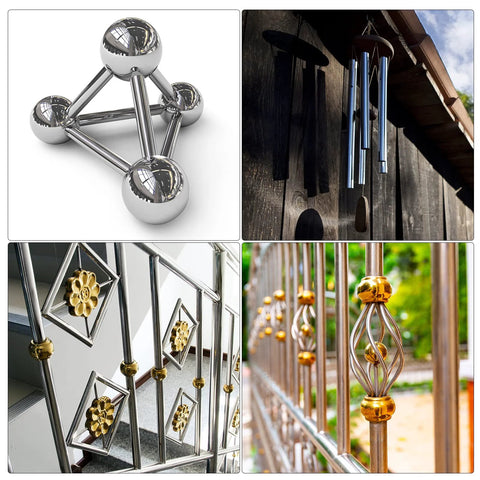 Stainless steel tube sculpture with interlinked spherical joints
Stainless steel wind chimes with tubes hanging from a wooden fence
Stainless steel railing with geometric square frames and gold caps
Stainless steel baluster with gold beads and decorative wire ornament