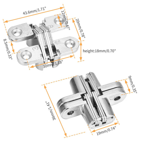 Hidden Door Hinge Set Six Pack Cross 180 Degree Concealed Stainless Steel Hinges with dimensions shown
