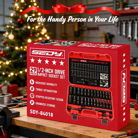 Heavy Duty 29-Piece 1/2 Inch Drive Impact Socket Set With SAE 3/8 To 1 Inch And Metric 10-24mm, product in festive garage setting