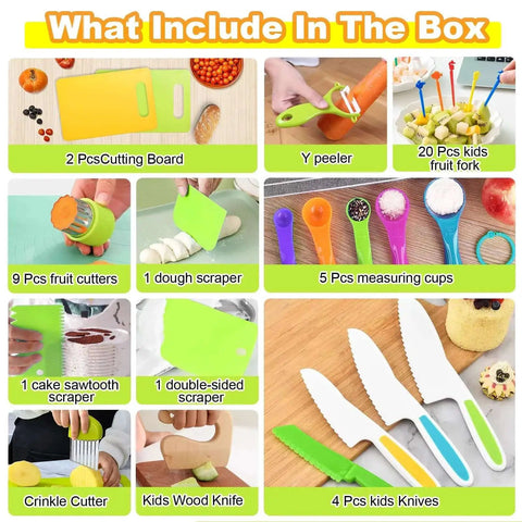 46 Piece Kids Knife Set For Toddlers Real Cooking Skills Montessori Kitchen Toys With Safe Wooden Knife Crinkle Cutter Y Peeler