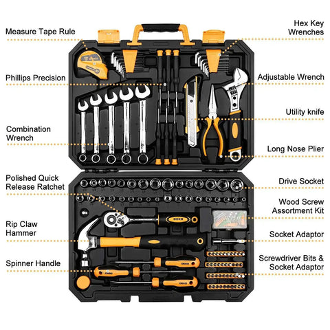 158 Piece General Purpose Tool Set For Home And Auto Repair With Durable Plastic Toolbox featuring sockets, pliers, wrenches