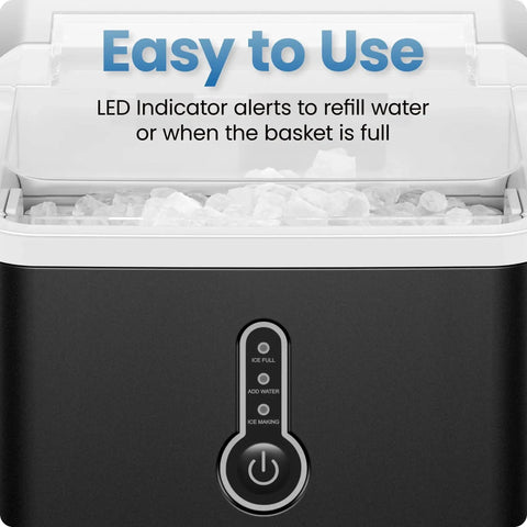 Front view of black Chefman Iceman nugget ice maker with clear removable ice basket and control panel