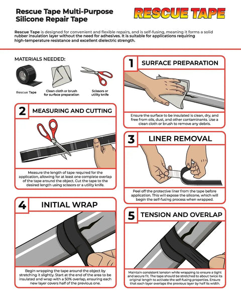 Instructions for using Self-Fusing Silicone Rescue Tape For Emergency Plumbing And Radiator Hose Repair, Waterproof And Heat Resistant