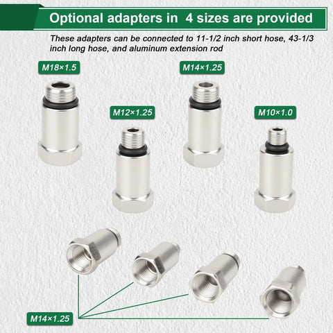 Optional adapters for All In One Cylinder Leak Down Tester Kit For Auto Engines With Extension Rod Dual Gauge Gives Clear Pressure And Leakage Rate Readouts From 0 To 100 Psi And 0 To 100 Percent For Cars And Motorcycles Marvelity shown in four sizes with threading details.